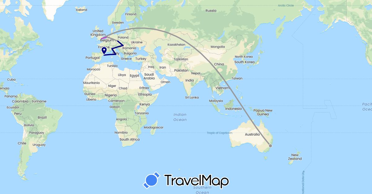 TravelMap itinerary: driving, plane, train in Australia, Czech Republic, Spain, United Kingdom, Hungary, Italy, Netherlands (Europe, Oceania)
